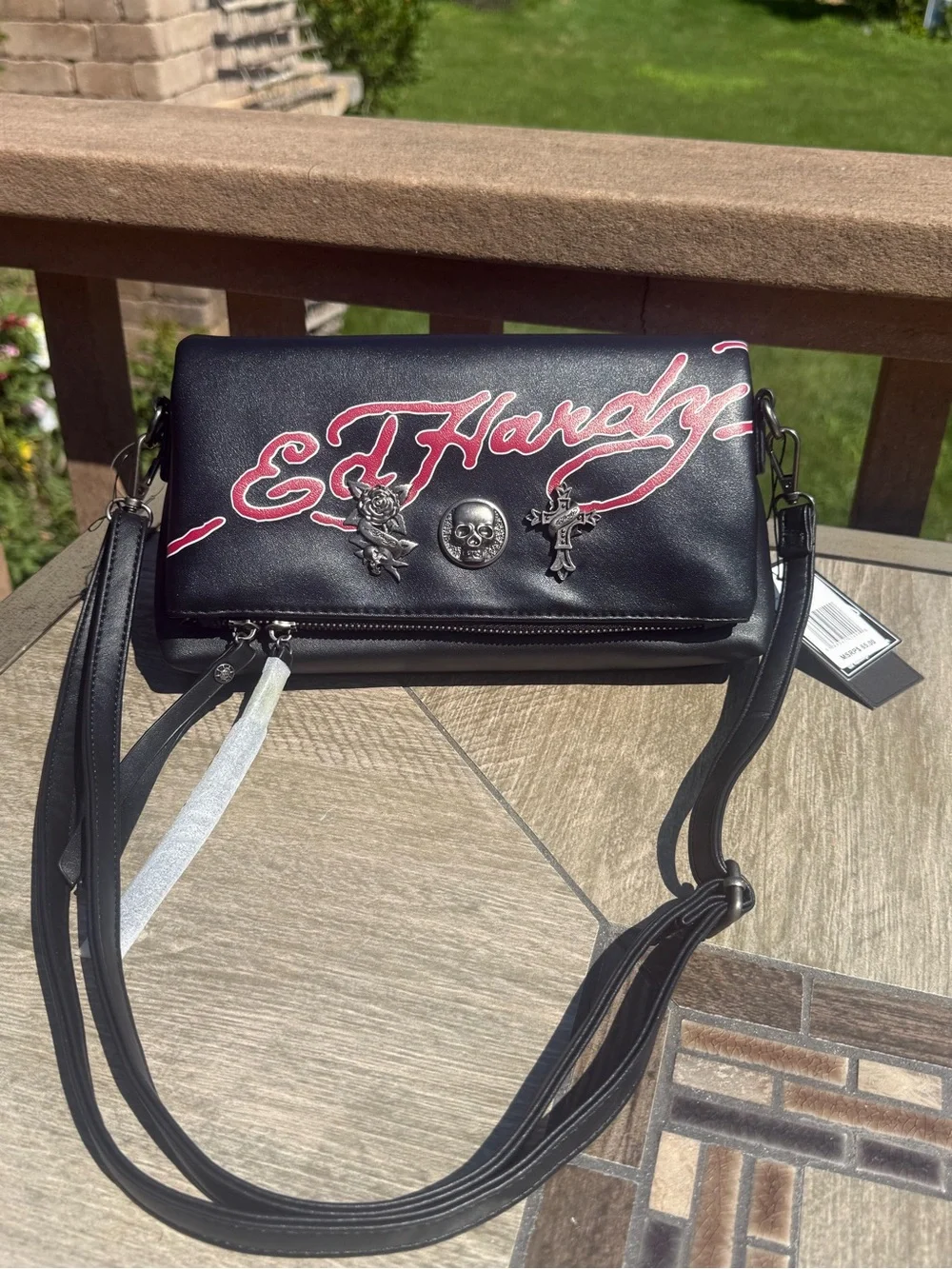 NWT Ed Hardy Foldover Clutch Black Vegan Leather Crossbody Bag